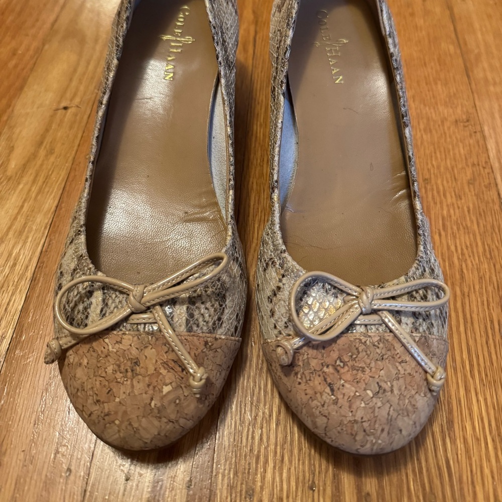 Cole Haan Nike Air Women's Cork and Snakeskin Print Flats with Bow